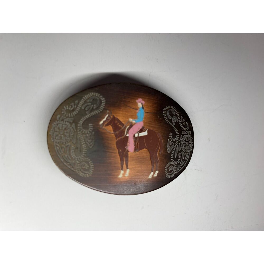 Vintage 1970s Nifty Newt's Cowgirl Horse Western Belt Buckle Tex Newton